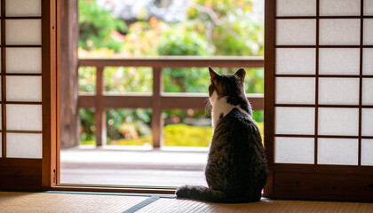 Cat sitting on tatami floor, gazing outside through traditional Japanese sliding doors