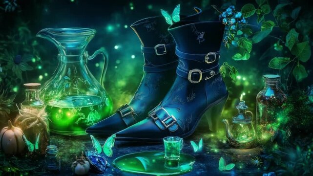 Black boots with buckeles and magical potions on Halloween night. Enchanted forest witch or wizard supplies. elixirs and spell components for fantasy adventure themes. All Hallows Eve, Samhain
