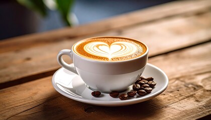 Aromatic latte art on rustic wood