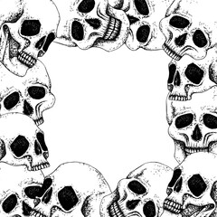 Fototapeta premium Square frame with human skulls, template for text in graphic style. Vector illustration with white background. Gothic style for Halloween, Day of the Dead postcards, invitation, logo, napkins, decor