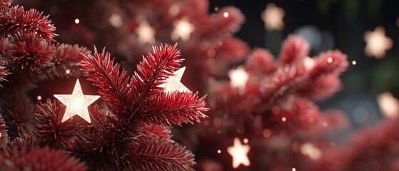 Red Christmas Tree with Glowing Star Decorations.