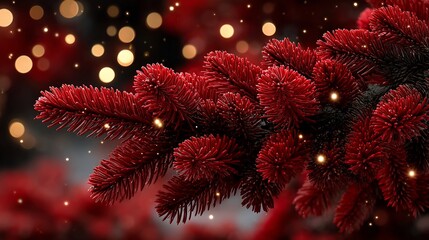 Red Fir Branch with Bokeh Lights Christmas Decoration.