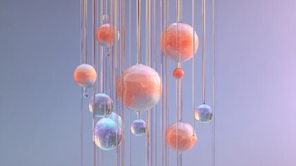 Fototapeta premium Floating, iridescent orbs, suspended by liquid threads