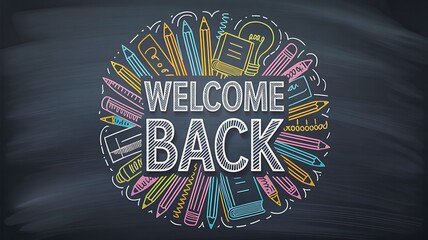 Welcome back chalk drawing with school supplies on blackboard