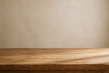 Beige backdrop features wood texture, clean surfaces, and soft light; great for product showcase.