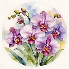 Watercolor drawing with a bouquet of orchids in a circle.