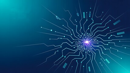 Abstract blue background with digital circuit lines and glowing center