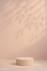 Beige minimalist texture with leaf shadow, showcases display stand. Ideal for product mockup, branding, posters.