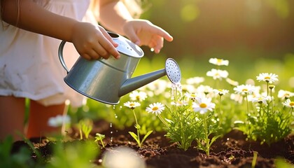 Child watering flowers in garden (1)
