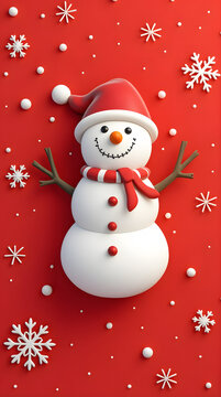 Mignon bonhomme de neige souriant isol&eacute; sur fond rouge et flocons blancs au format vertical
