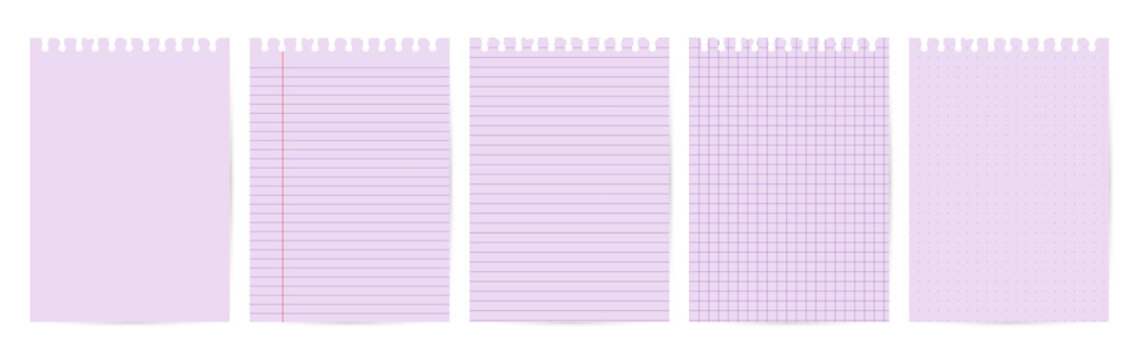 Notebook set with lavender lines on pastel purple pages and top holes. Includes lined, grid, dot, margin, and plain. Ideal for aesthetic journaling, study planning, or feminine digital notebooks.