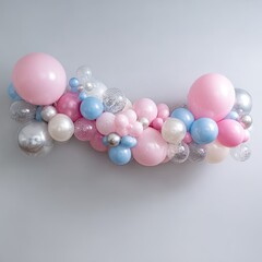 Pastel pink, blue, silver balloon garland arch, varying sizes and textures, against a light grey background