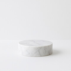 White marble podium stands on surface; soft studio lighting creates clean, minimal product mockup, perfect for branding, display or 3D presentation.
