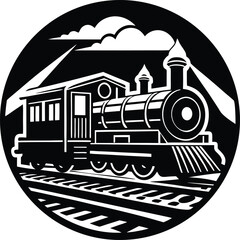 Fototapeta premium Vector art of black and white circular silhouette illustration of a vintage steam locomotive train on railroad tracks with mountains and clouds, symbolizing travel and industry