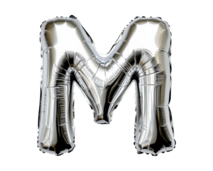 Silver Letter M Foil Balloon on Transparent Background
