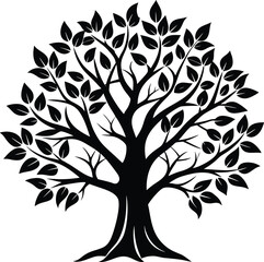 Vector art of black silhouette of a deciduous tree with full foliage, isolated on a white background, representing nature, life, and growth