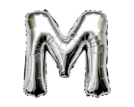 Silver Letter M Foil Balloon on Transparent Background