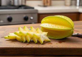 whole and sliced starfruit on wooden cutting board