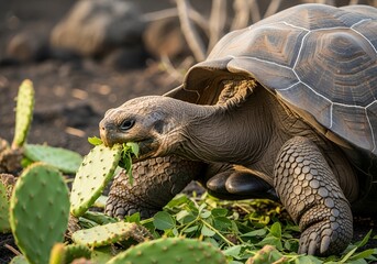 giant galapagos tortoise eating plant