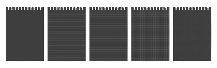 Set of dark notebook pages with top punch holes and soft gray lines. Includes lined, grid, dot, margin, and plain pages. Ideal for journaling, digital planners, or note templates.