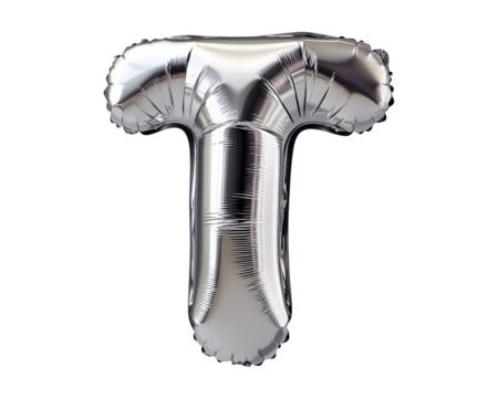 Silver Letter T Foil Balloon on Transparent Background