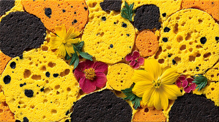 Colorful honeycomb candy flat lay with vibrant edible flowers for a sweet and artistic treat, perfect for confectionery and dessert enthusiasts