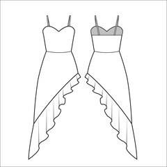 Shoulder spaghetti straps midi maxi long flared a line dress template technical drawing flat sketch.