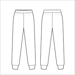 CAD vector illustration of jogger pants front and back view, flat fashion sketch, technical drawing, casual wear design, garment template.