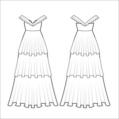 Off shoulder evening dress cad drawing, fashion technical sketch, long gown vector template, front back view flat illustration.