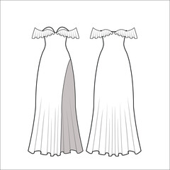 Off shoulder evening dress cad drawing, fashion technical sketch, long gown vector template, front back view flat illustration.