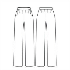 Pants fashion flat technical drawing template. Sweat Pants with arrows technical fashion illustration, elastic waistband, front and back view, white, women, men, unisex CAD mockup.