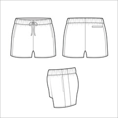Shorts technical flat sketch, vector cad drawing with drawstring waist, elastic band, fashion apparel design.