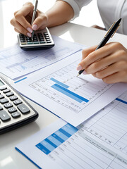 Business woman accountant working audit and calculating expense financial annual financial report balance sheet statement, doing finance making notes on paper checking document.