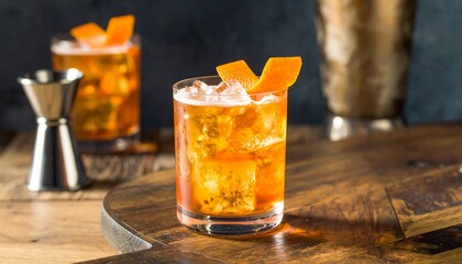 Smoky Mezcal Negroni with Orange Peel Twist. Mexican Traditional Cocktail
