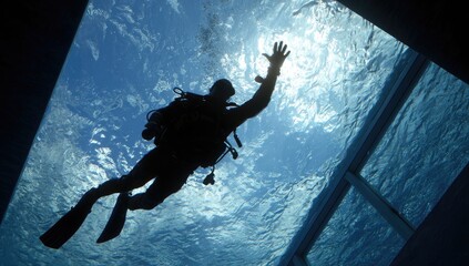 Silhouetted scuba diver ascends towards a glass ceiling, sunlight filtering through the water above.  Hand outstretched