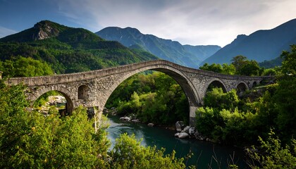 Ancient stone arch bridge over a river, lush green mountains
