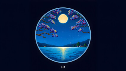Oval illustration of a serene moonlit night over a tranquil lake with cherry blossoms