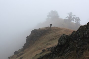Mystical Hiking Scene with Single Figure in Fog  
