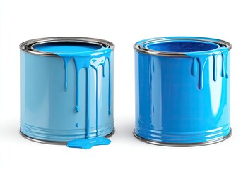 Two paint cans, one light and one dark blue, sit on a white background; both are partially full, with paint dripping down the sides and forming puddles