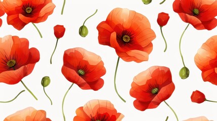 Naklejka premium Bright red poppies in a seamless watercolor pattern, perfect for vibrant designs on a clean background.