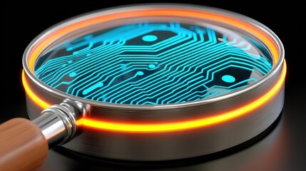 A closeup view of circuitry under a magnifying glass, highlighting the importance of cybersecurity in tech today.