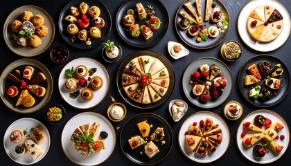 Assorted desserts on black plates