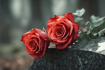 Two vibrant orange-red roses rest on a dark grey, possibly granite, gravestone in a blurred, somber outdoor setting