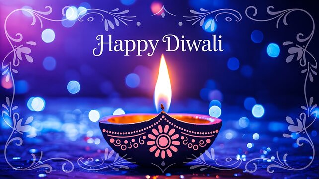 Glowing Diwali oil lamp with festive decorations and happy text