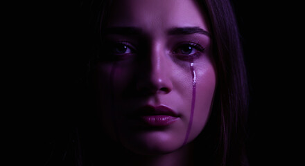 Retrato artístico de uma mulher com lágrimas lilases escorrendo pelo rosto, expressão de dor e resistência Agosto Lilás