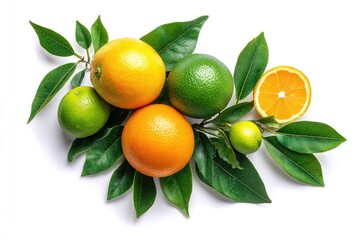 Vibrant oranges, limes, and leaves arranged artistically on a stark white background; one orange is sliced, revealing its juicy segments