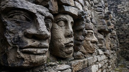 Obraz premium Ancient carved faces on stone wall