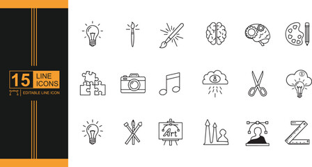 Collection of Creative Thinking and Art Related Line Icons Representing Various Disciplines and Intellectual Pursuits Suitable for Design Projects