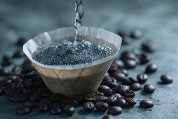 Water pours into a paper filter atop dark roasted coffee beans, creating a frothy brew.  The scene is moody and close-up, highlighting the brewing process