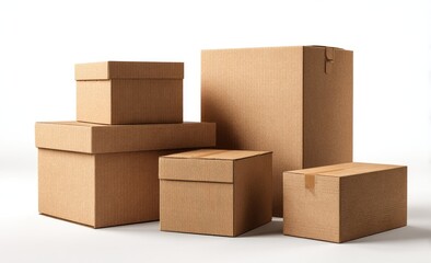 A group of five brown cardboard boxes of varying sizes, neatly stacked and arranged on a white background, sealed with tan tape